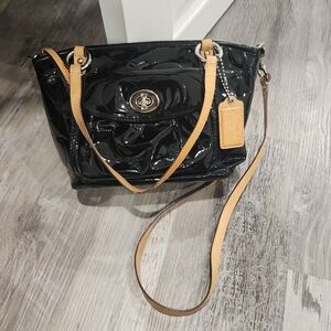 Coach Black Patent Leather Shoulder Bag with Tan Straps
